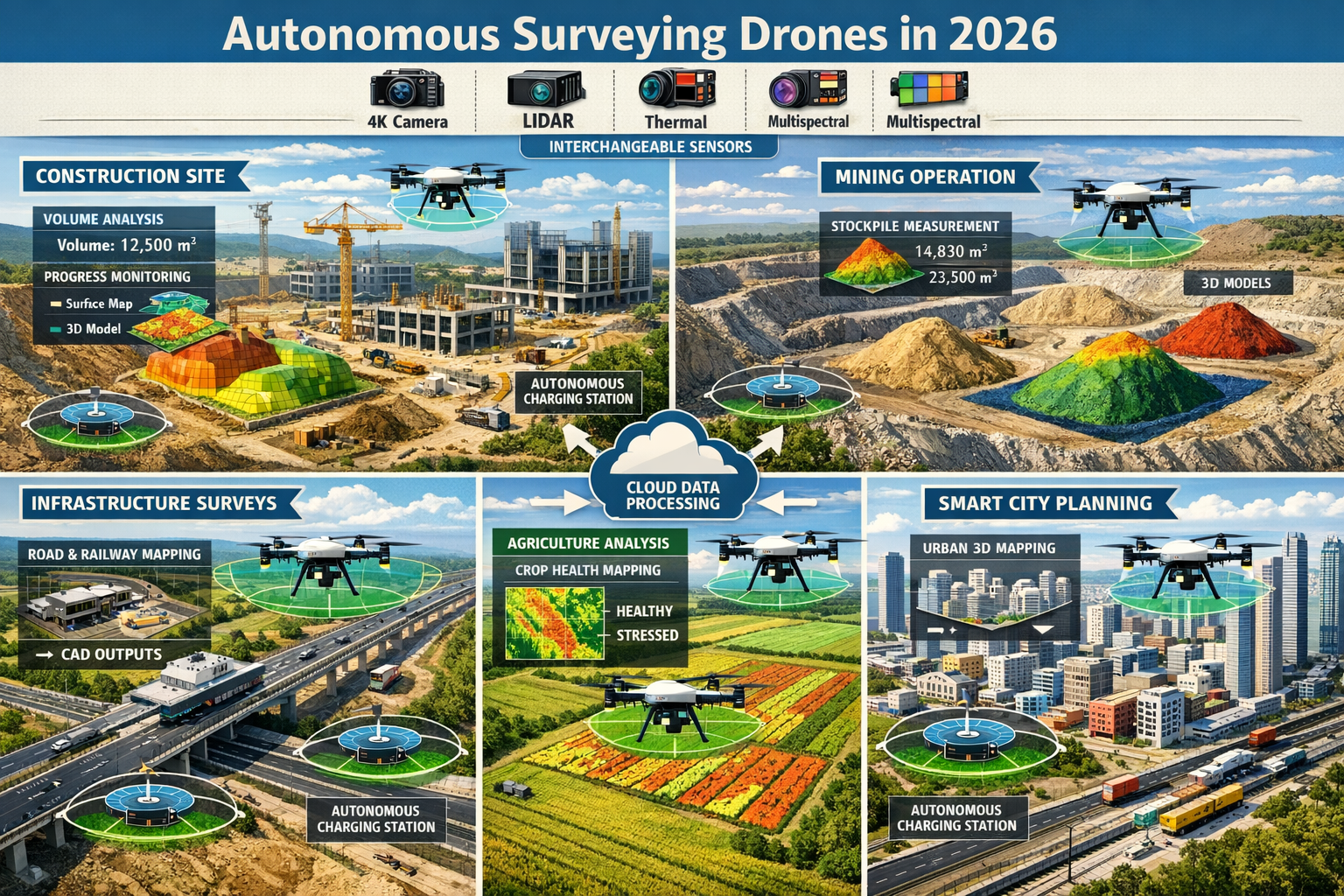 Detailed landscape format (1536x1024) comprehensive infographic-style image showing multiple industry applications of autonomous surveying d