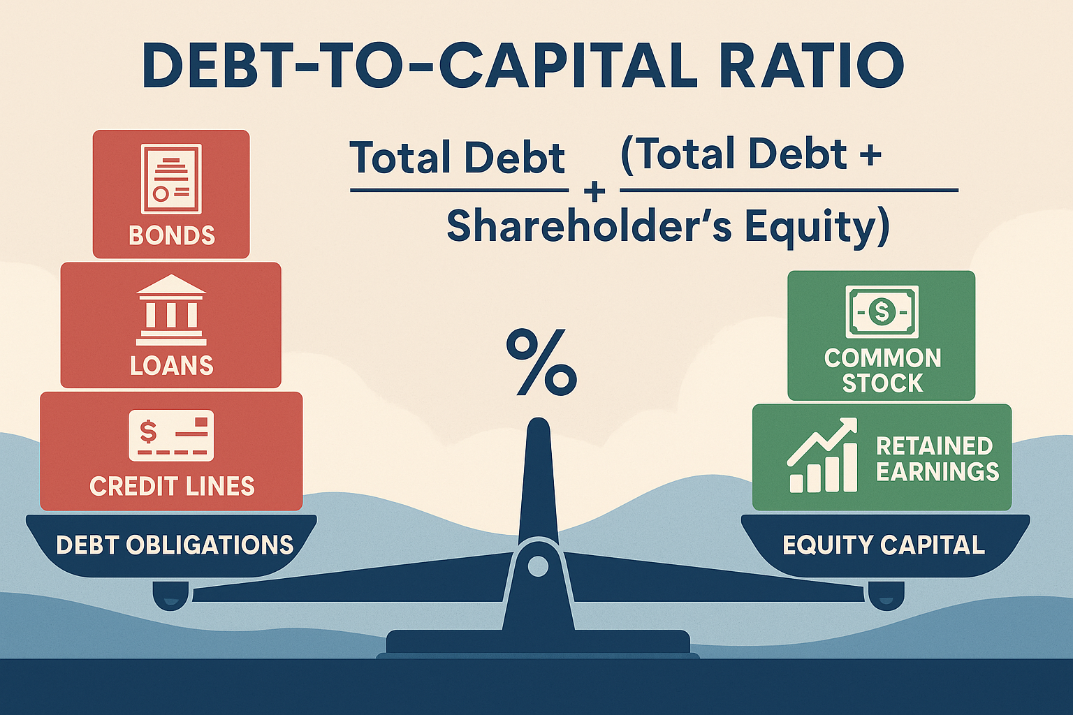 Detailed landscape infographic (1536x1024) showing the debt-to-capital ratio formula visually represented with a balance scale illustration,