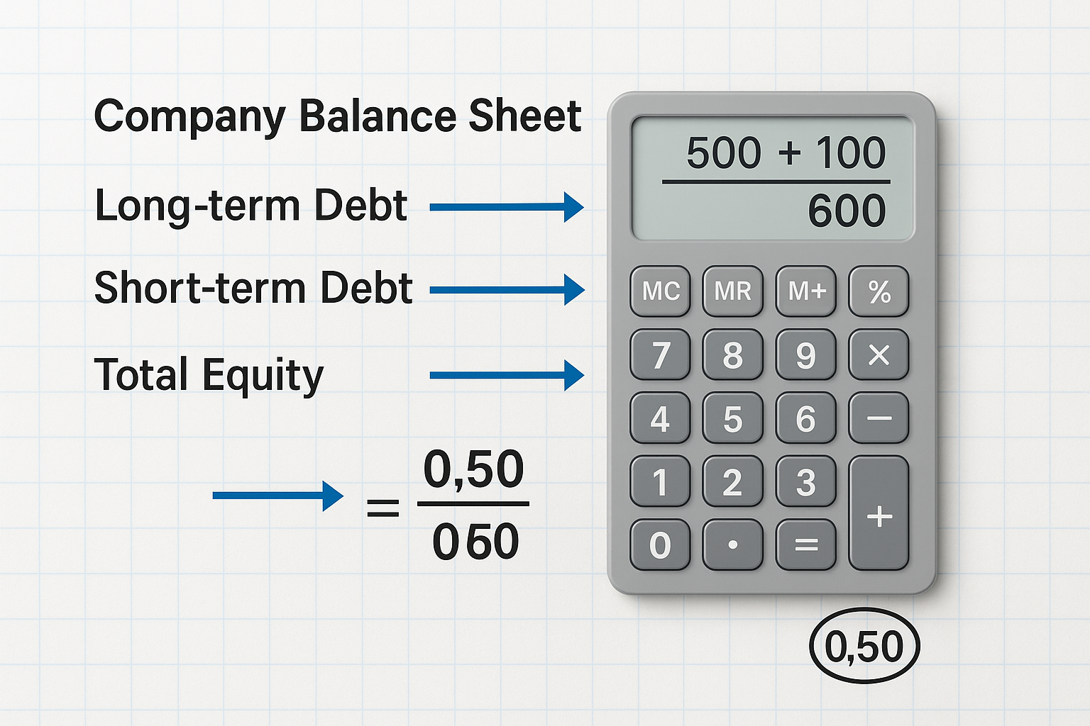 Professional landscape visualization (1536x1024) depicting a step-by-step calculation example with a sample company balance sheet excerpt sh