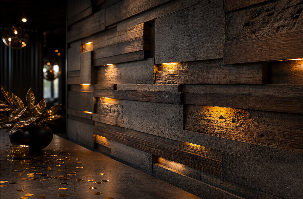 Wide-angle () editorial photograph of a close-up textured wall panel made of layered concrete and raw timber with multiple