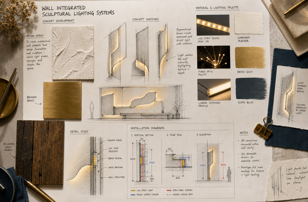 Overhead bird's-eye () editorial illustration showing a flat-lay design planning layout for wall-integrated sculptural