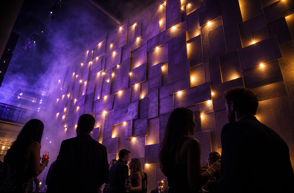 Dynamic perspective () editorial photograph taken from a low-angle looking upward at a dramatic party venue interior wall