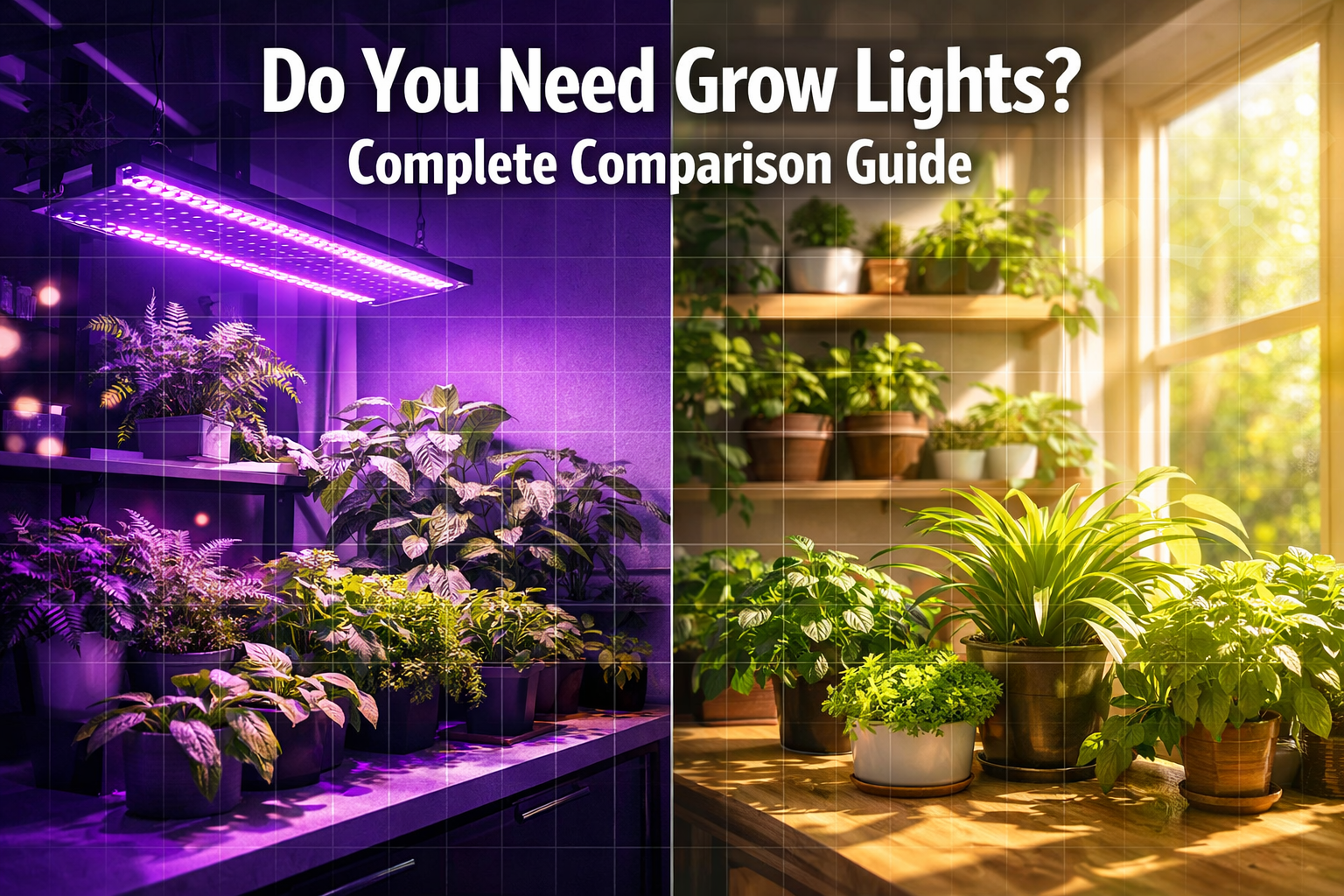 Professional landscape format (1536x1024) hero image with bold text overlay 'Do You Need Grow Lights? Complete Comparison Guide' in extra la