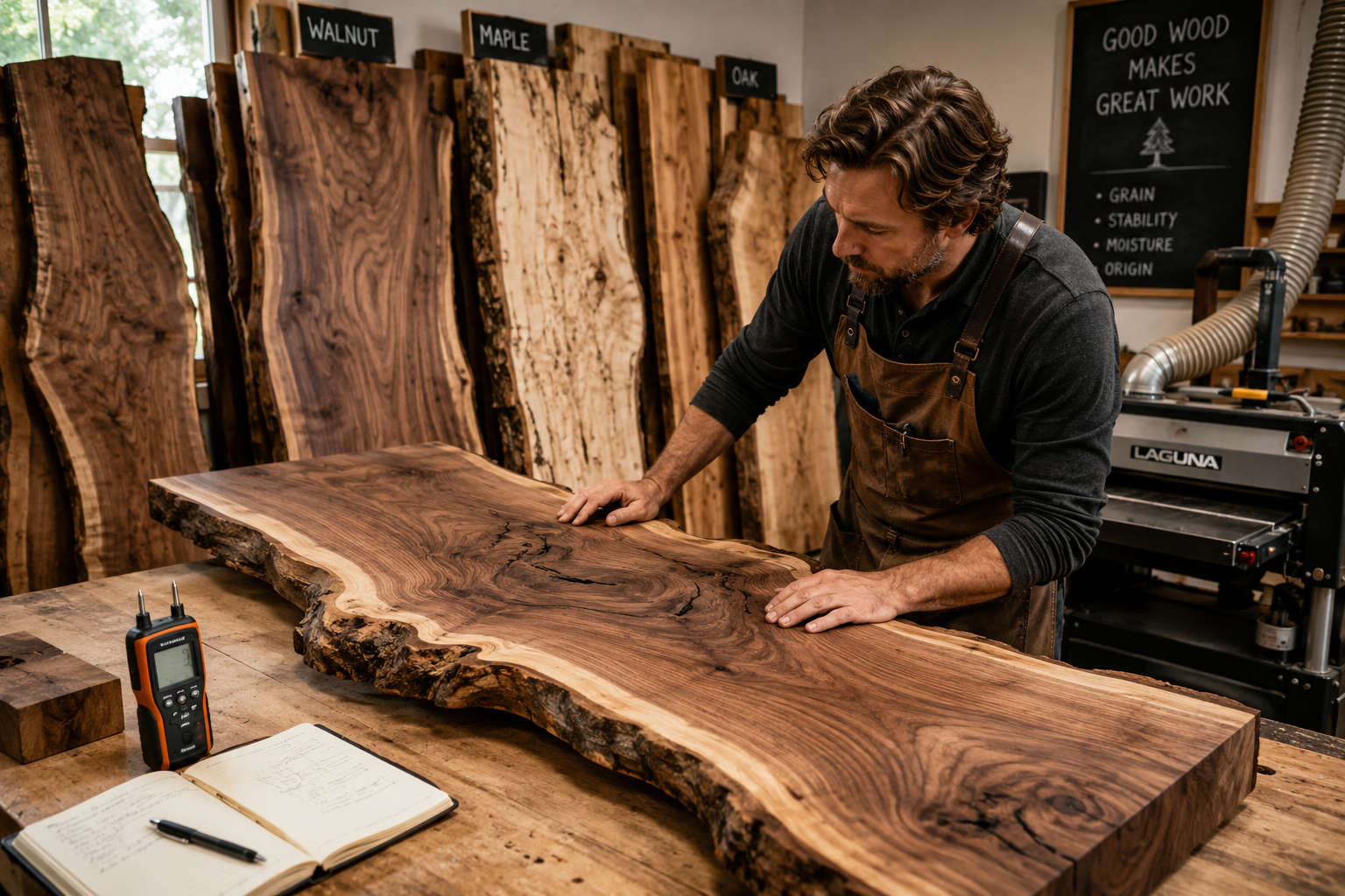 Detailed () image showing a woodworker meticulously examining a raw live edge slab in a well-lit workshop, highlighting its