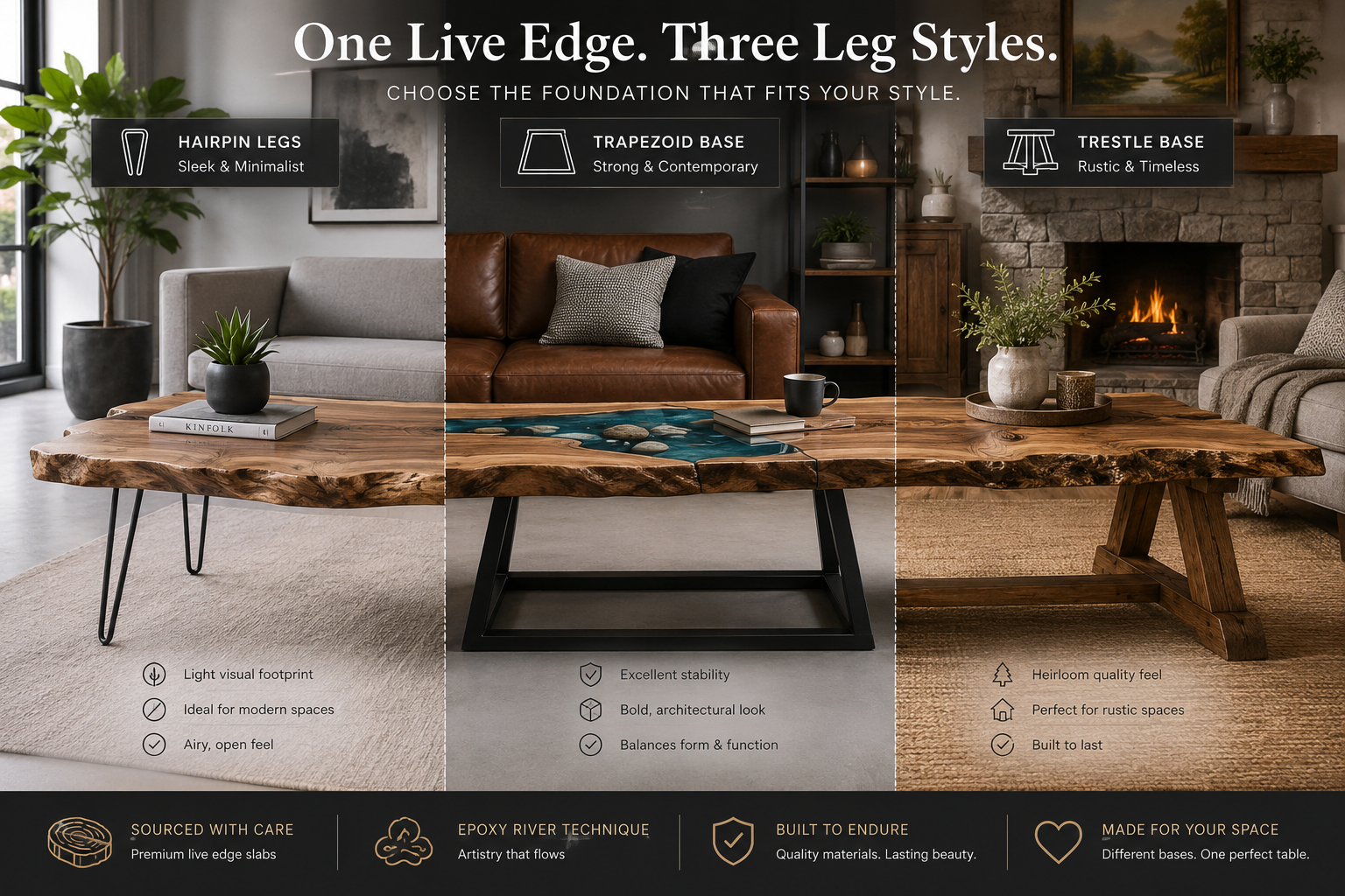 Detailed () image presenting a side-by-side comparison of different coffee table leg designs: sleek minimalist metal hairpin