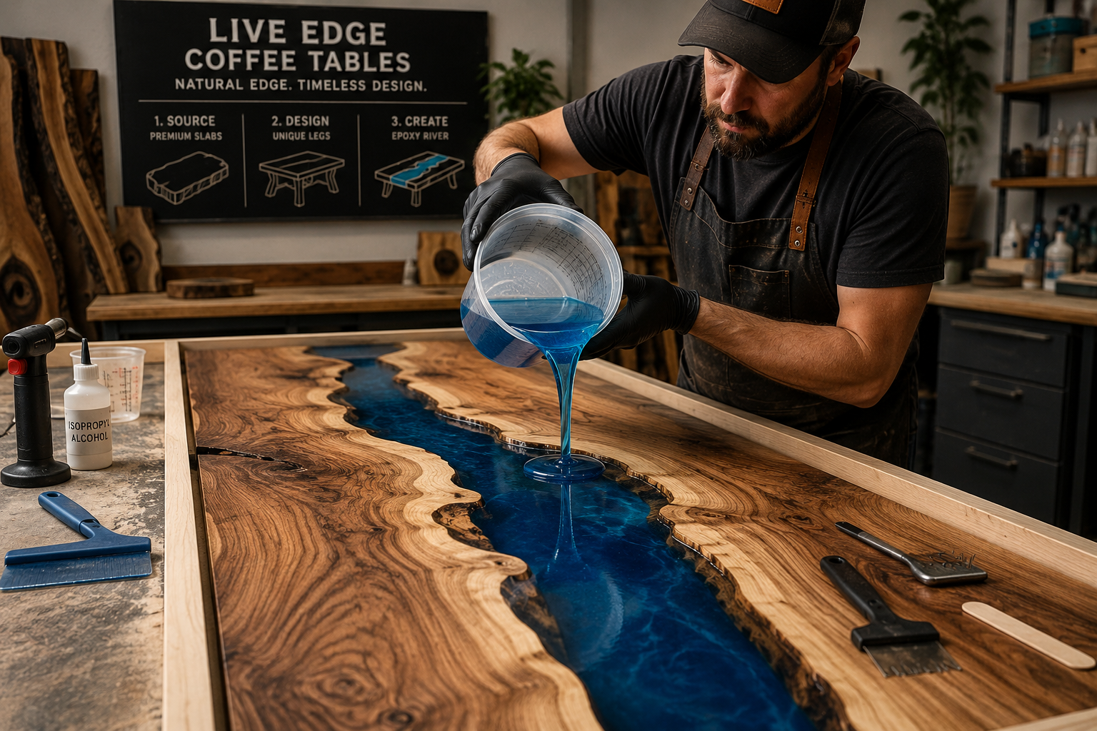 Detailed () image showcasing the mesmerizing process of creating an epoxy river table. A skilled artisan is carefully