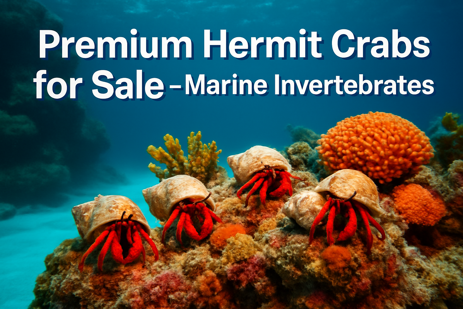 Professional landscape hero image (1536x1024) featuring bold text overlay 'Premium Hermit Crabs for Sale - Marine Invertebrates' in extra la