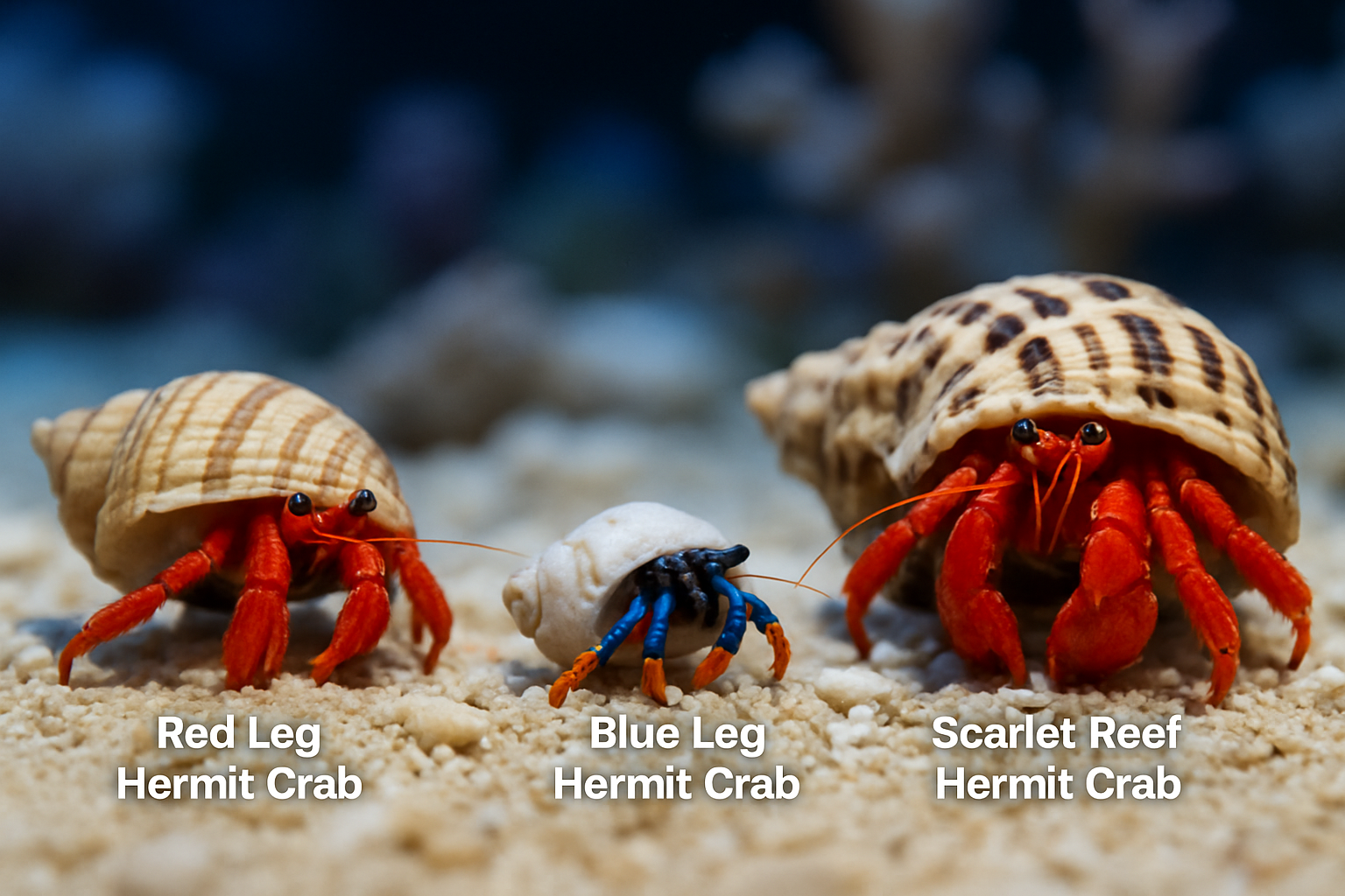 Detailed landscape image (1536x1024) showing various species of hermit crabs in different shell types arranged on sandy substrate with coral