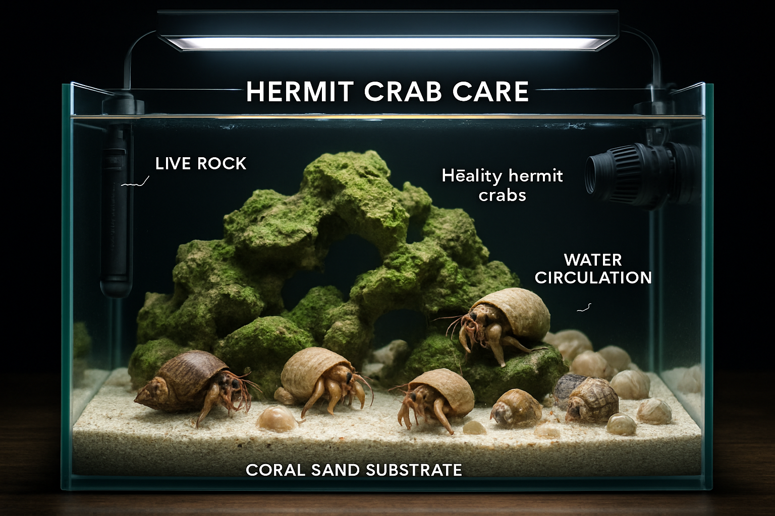 Professional landscape aquarium setup image (1536x1024) displaying proper hermit crab care environment with live rock formations, coral sand