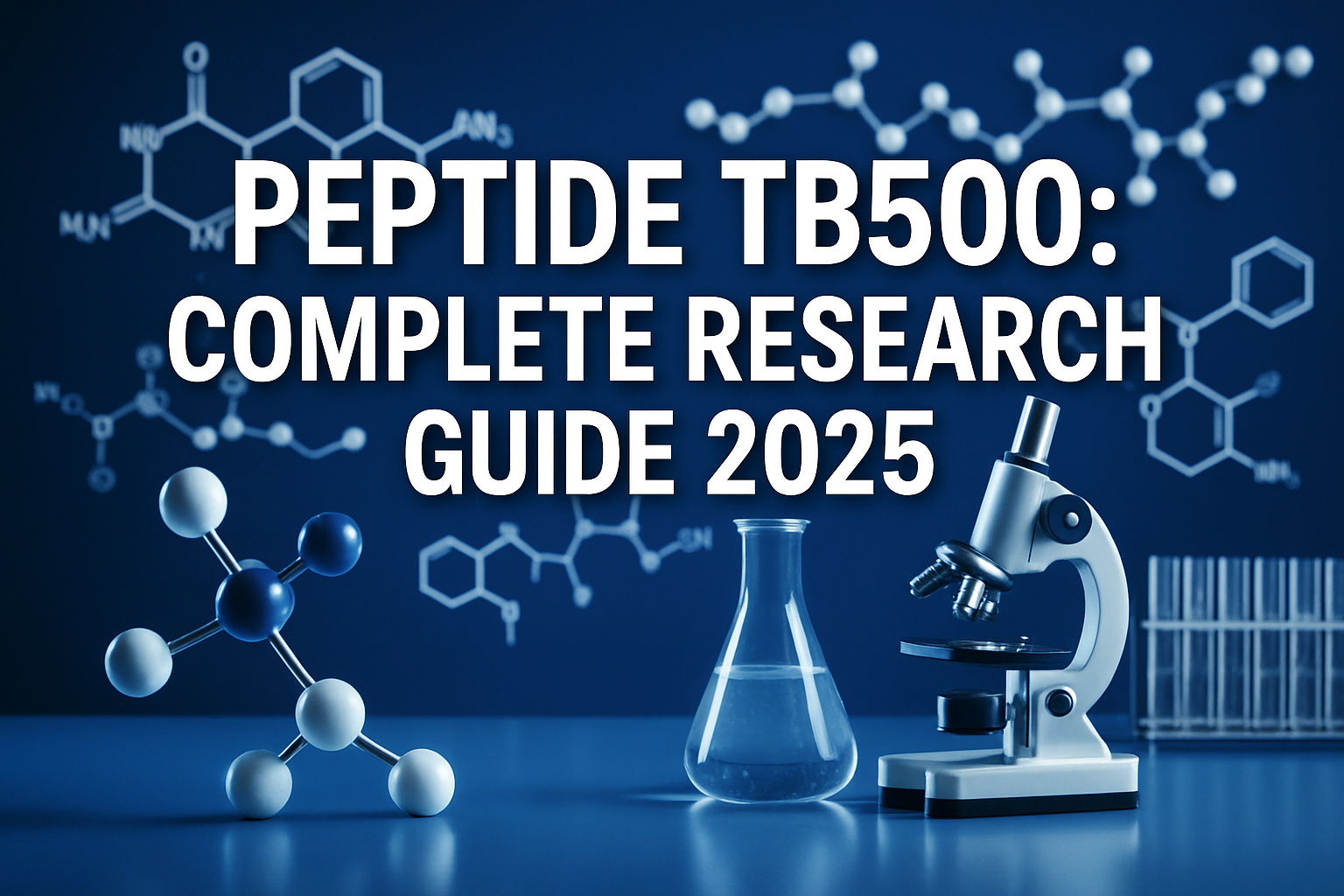 Professional landscape hero image (1536x1024) featuring bold text overlay 'Peptide TB500: Complete Research Guide 2025' in extra large 72pt 