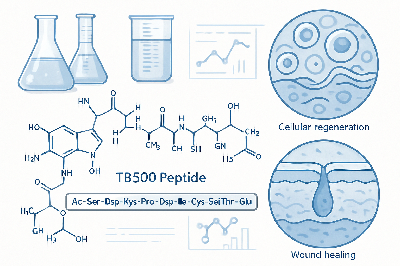 Detailed scientific illustration showing TB500 peptide molecular structure with amino acid sequence highlighted, laboratory glassware with c