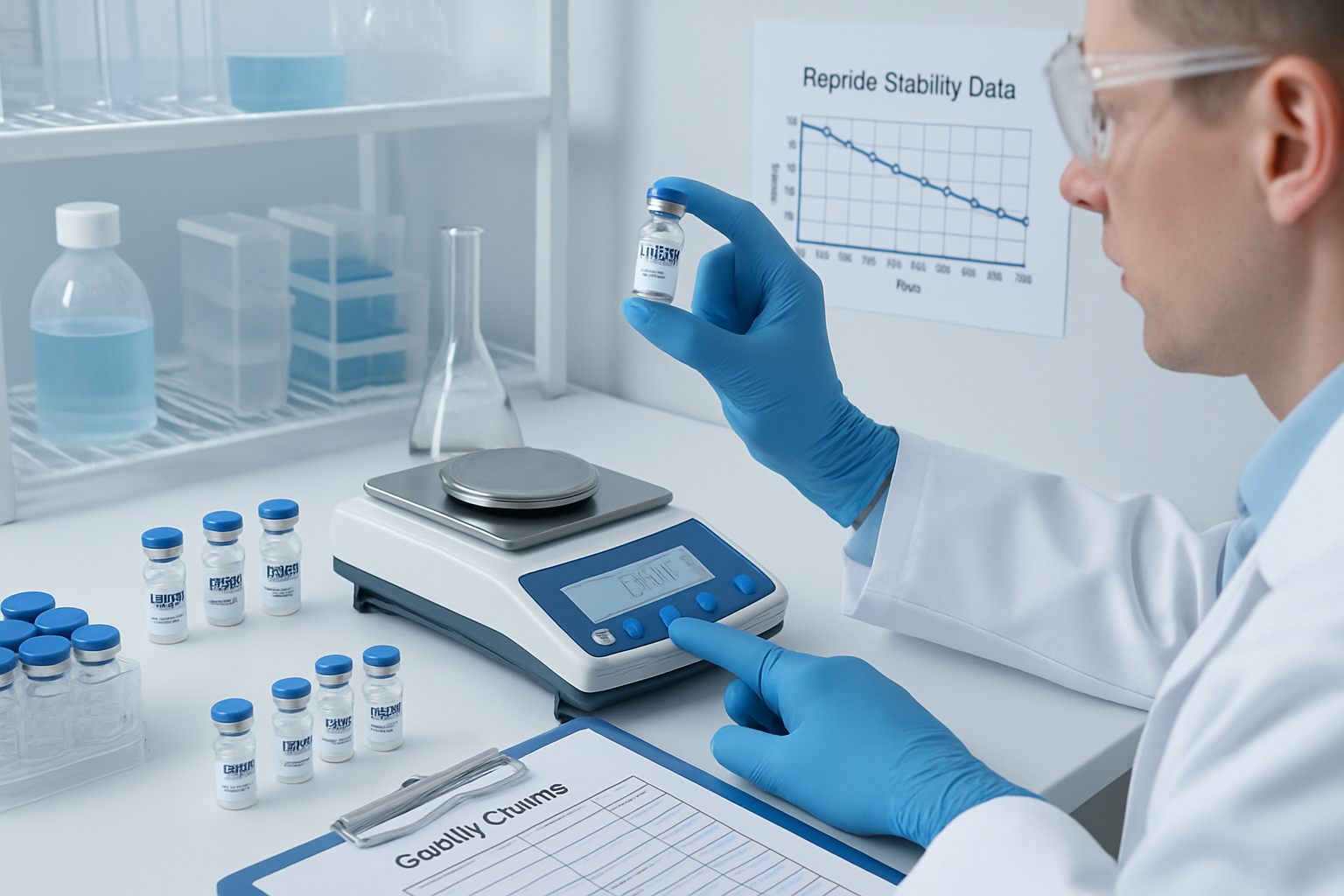 Professional research laboratory scene showing peptide vials, precise measurement equipment, safety protocols in action, researcher in lab c