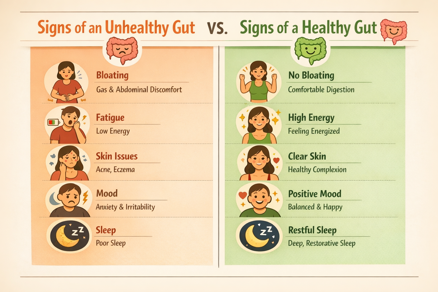 Visual comparison chart: two-column illustrated guide showing 'Signs of an Unhealthy Gut' vs 'Signs of a Healthy Gut' with