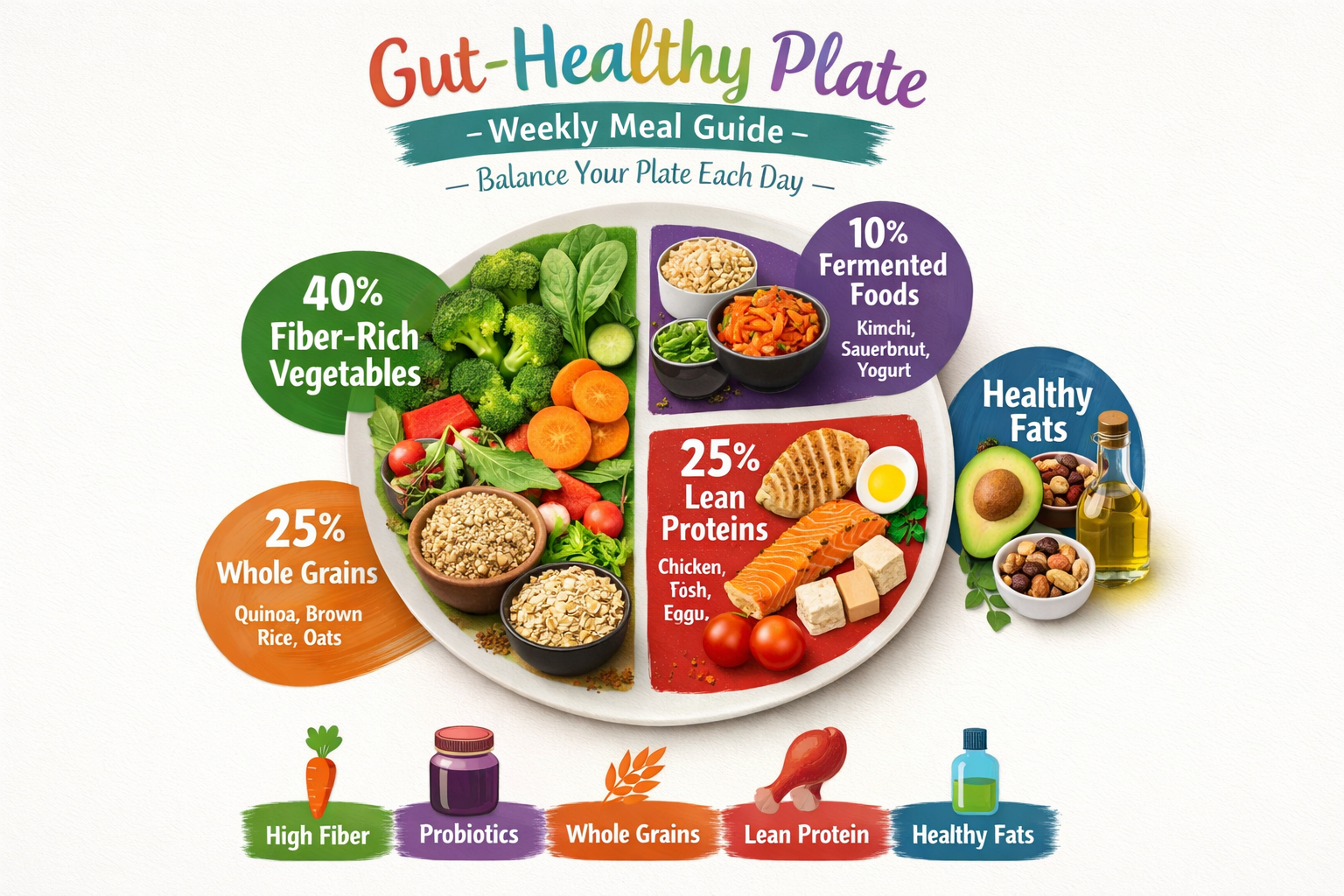 Step-by-step visual meal planning guide: a colorful weekly gut-health plate diagram showing proportions of fiber-rich