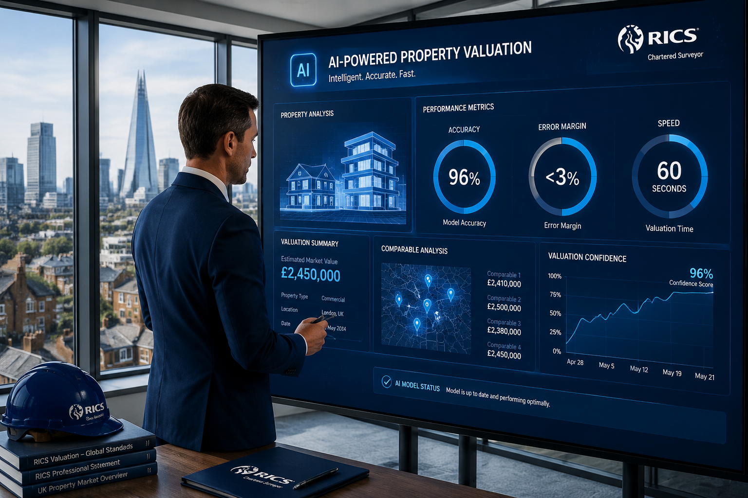 Wide-angle editorial illustration showing a chartered surveyor in professional attire reviewing a glowing AI-powered