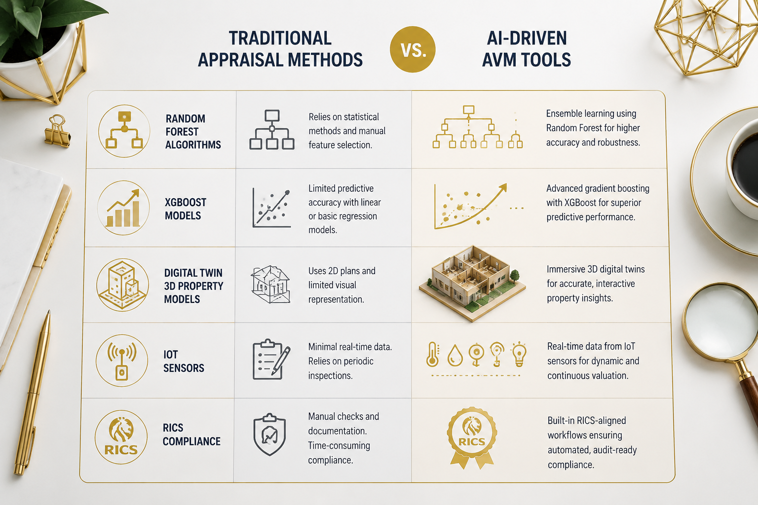 Flat-lay style infographic-inspired editorial image showing a comparison table between traditional appraisal methods and