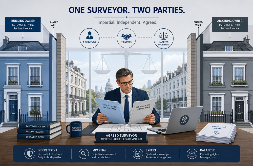 Wide-angle editorial illustration showing a single agreed surveyor at a desk reviewing party wall documents for both a