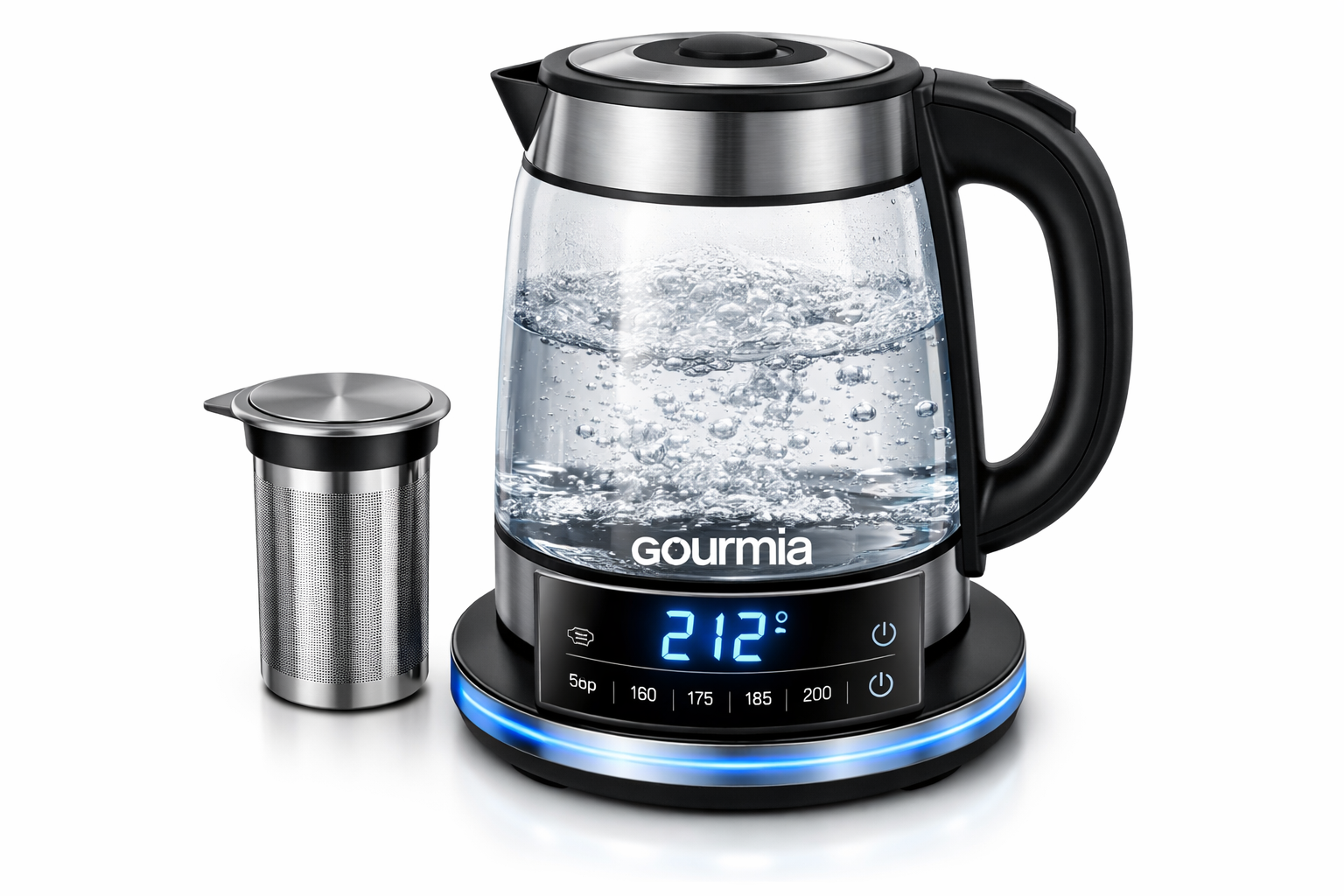 Gourmia Electric Glass Kettle Review Detailed showcase of the Gourmia Electric Glass Kettle highlighting its digital touch display panel showing real-time temperature readout, the removable stainless steel tea infuser positioned beside the glass kettle body, the glowing 360° swivel base, and the Gourmia logo prominently visible on the kettle — studio lighting, white background, product photography style