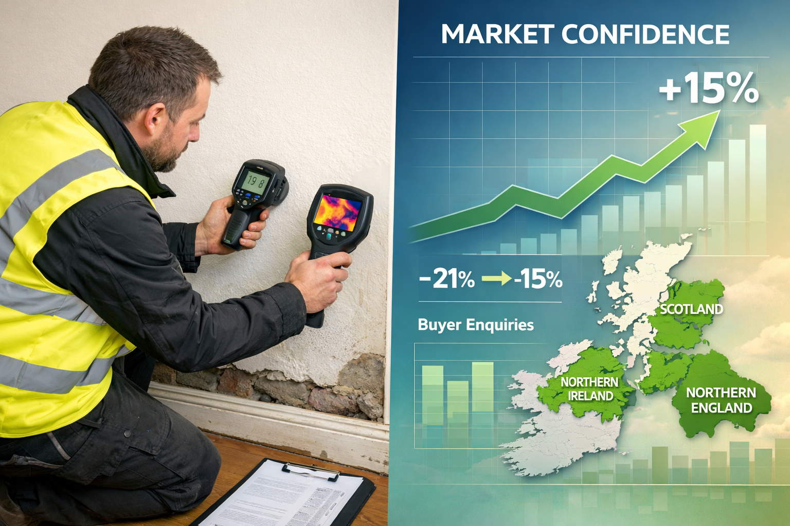 Detailed landscape format (1536x1024) image showing split-screen composition: left side displays professional building surveyor in high-visi