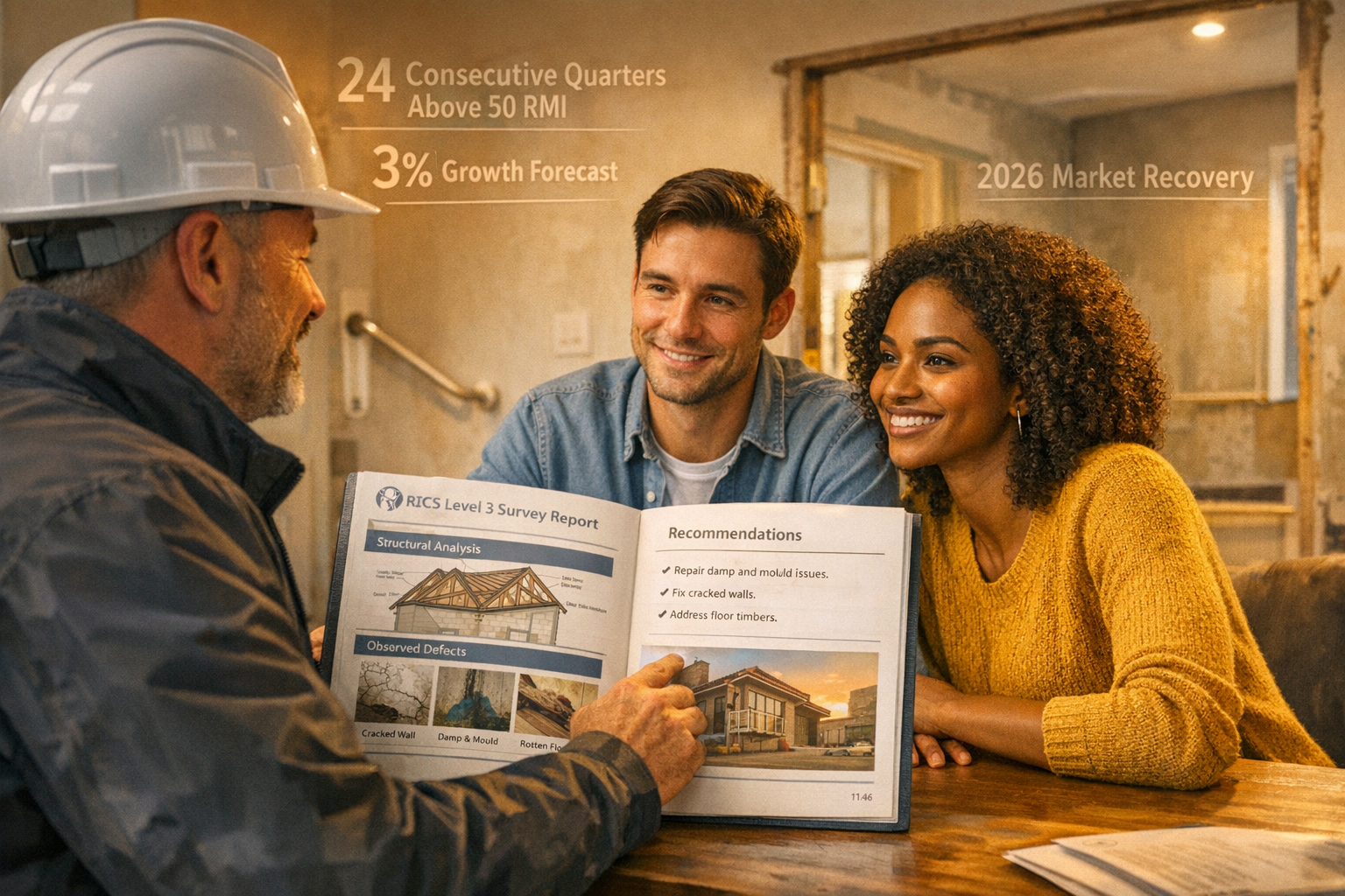 Detailed landscape format (1536x1024) conceptual image showing modern building surveyor presenting comprehensive RICS Level 3 survey report 