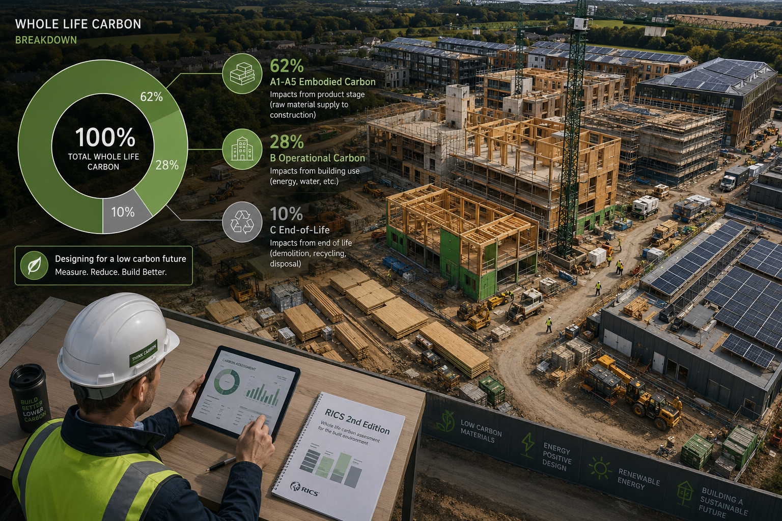 Aerial bird's-eye view () of a large mixed-use sustainable development site under construction, showing green building