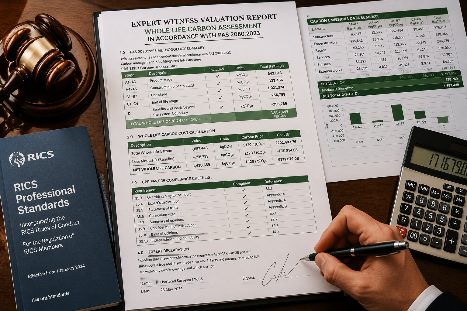 Close-up flat-lay () of a formal expert witness valuation report on a mahogany desk, showing PAS 2080 carbon methodology