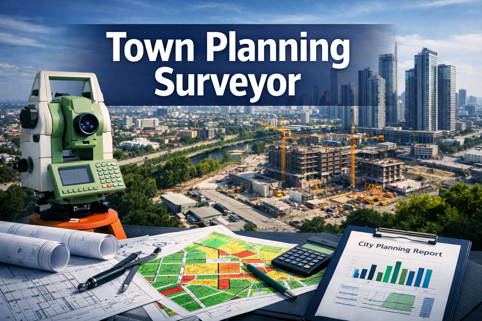 Professional landscape hero image (1536x1024) featuring bold text overlay 'Town Planning Surveyor' in extra large 72pt white sans-serif font