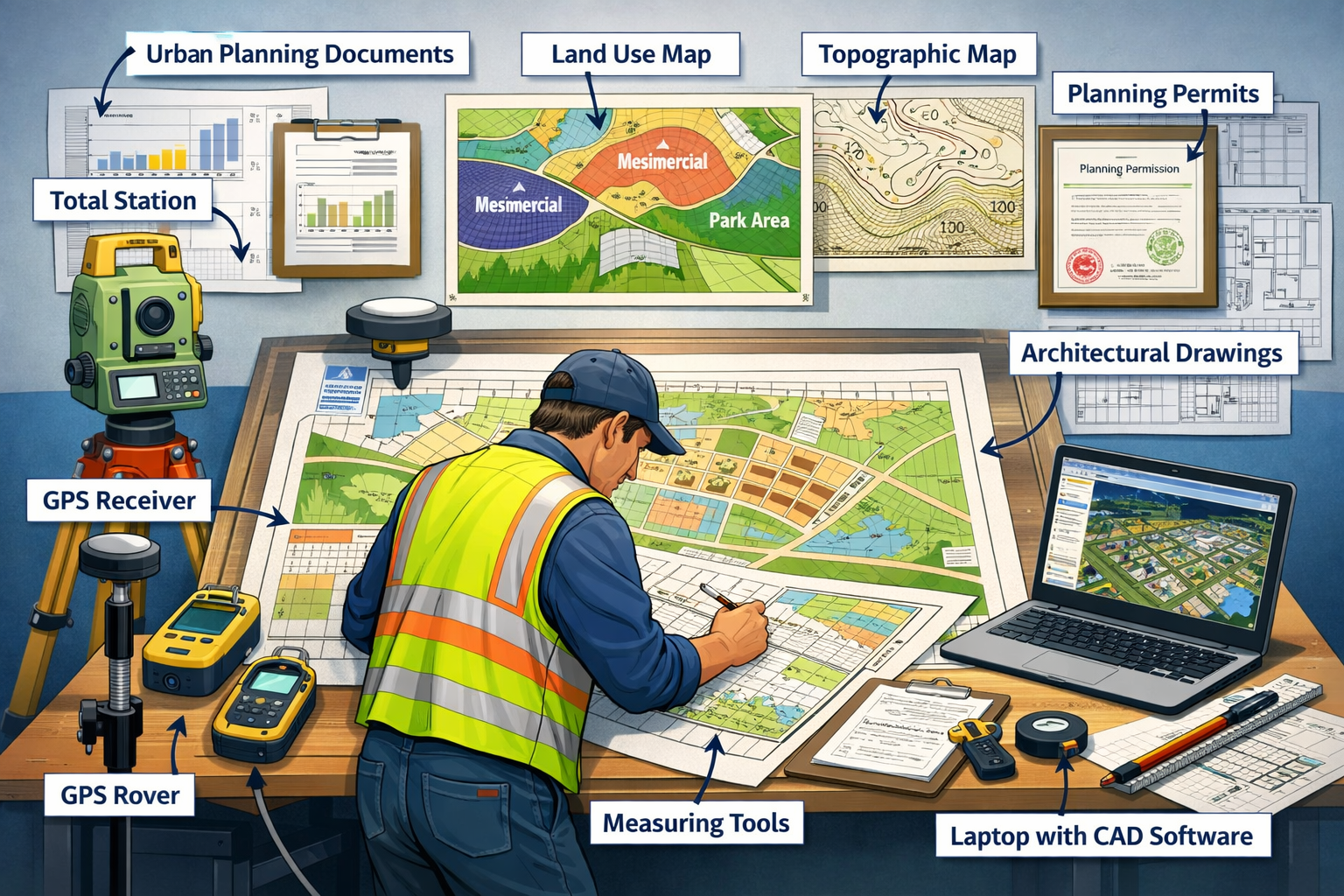 Detailed landscape illustration (1536x1024) showing town planning surveyor professional examining large-scale zoning maps and development pl