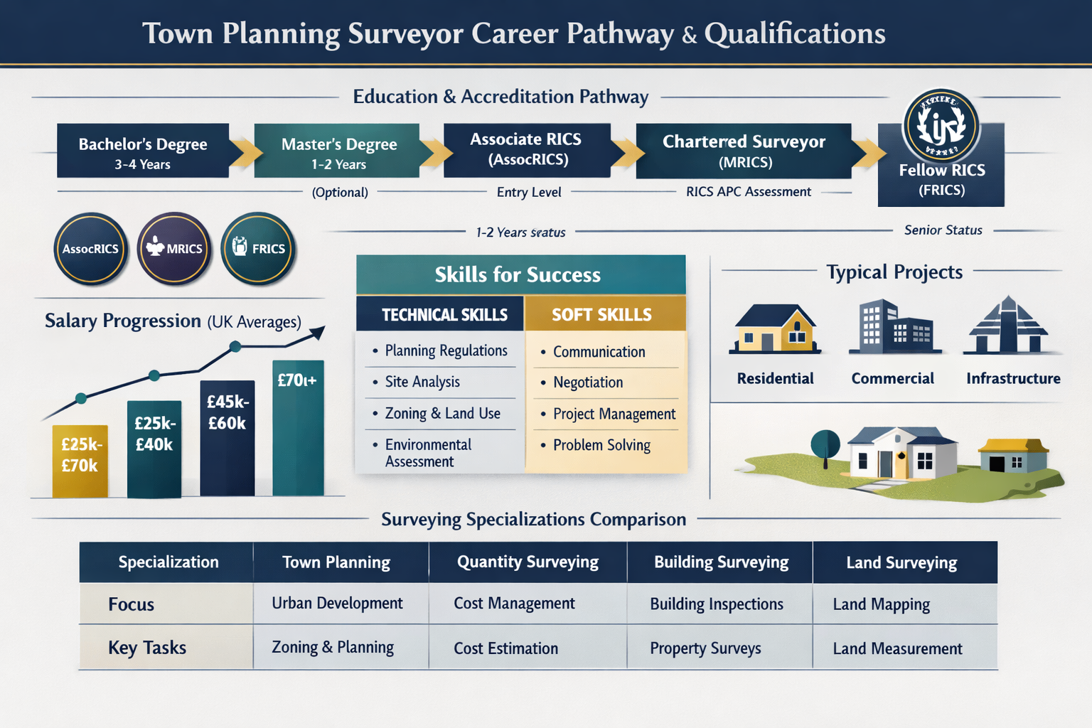 Comprehensive landscape infographic (1536x1024) displaying town planning surveyor career pathway and qualification requirements. Visual elem