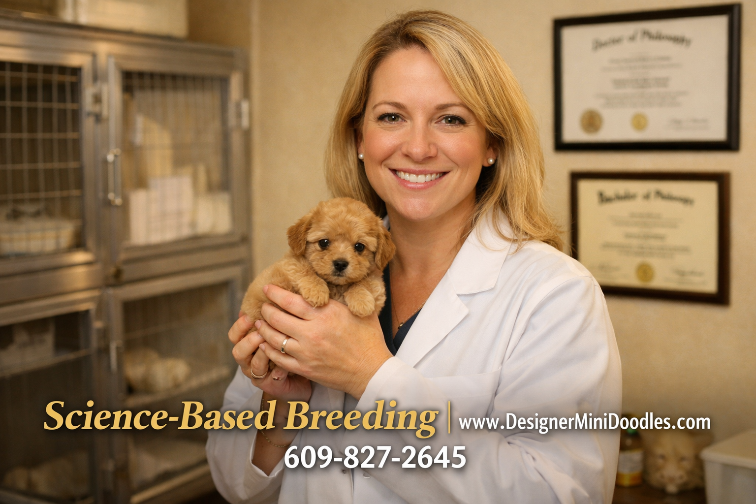 () editorial image showing a smiling animal biologist in a clean professional breeding facility holding a tiny fluffy micro