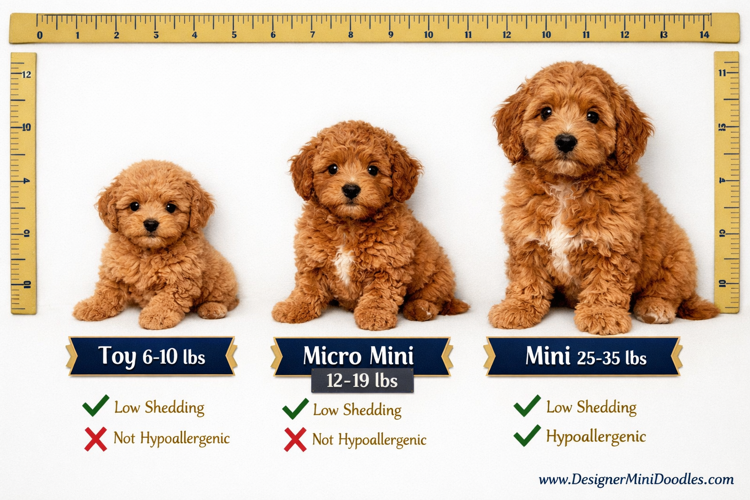 () top-down flat-lay infographic image showing three goldendoodle puppies of different sizes labeled 'Toy 6-10 lbs', 'Micro