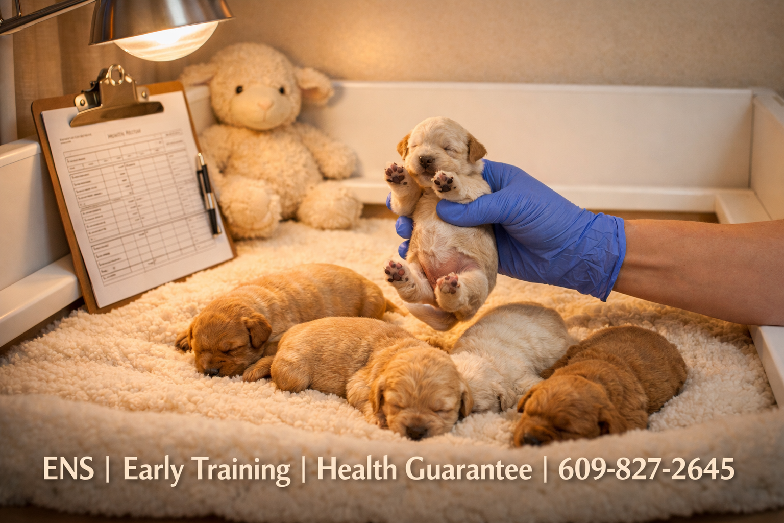 () warm nursery-style image of a professional whelping room with newborn goldendoodle puppies in a clean heated whelping
