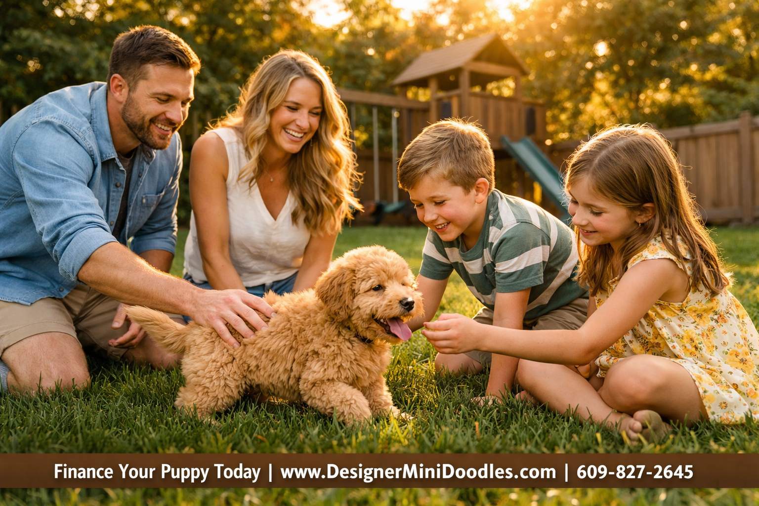 () lifestyle image of a happy family with two children in a Waxhaw North Carolina suburban backyard playing with a fluffy