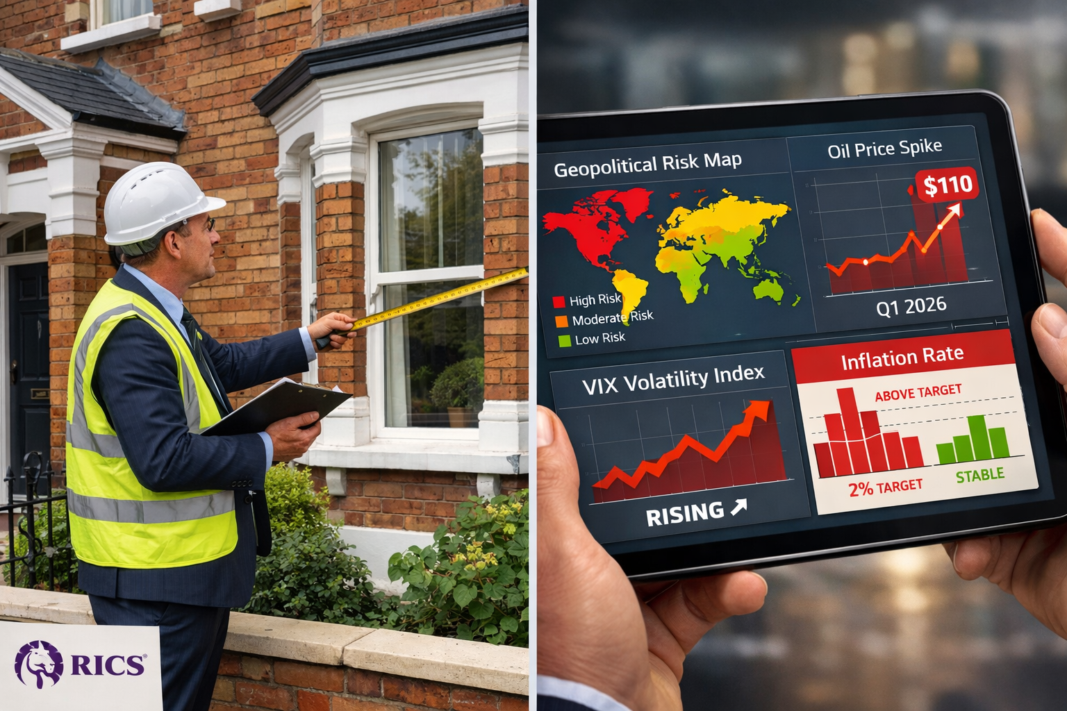 () detailed infographic showing surveyor examining property with digital tablet displaying real-time market volatility