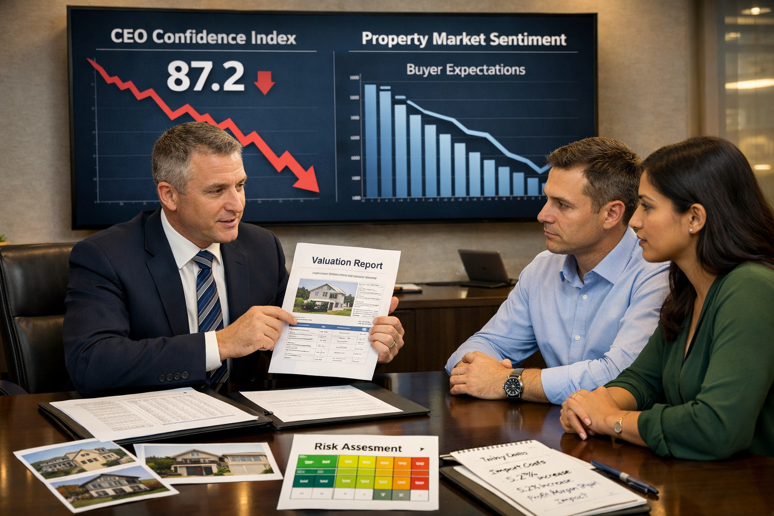 () professional business scene showing surveyor consultation meeting in modern office, chartered surveyor presenting