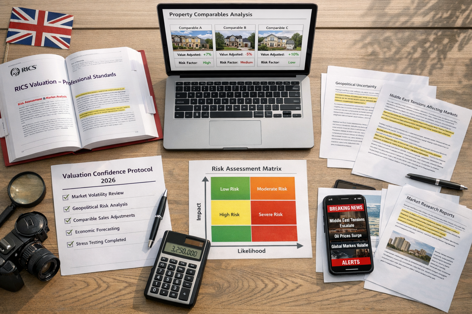 () conceptual illustration showing surveyor's toolkit for uncertain markets, overhead flat-lay composition featuring RICS