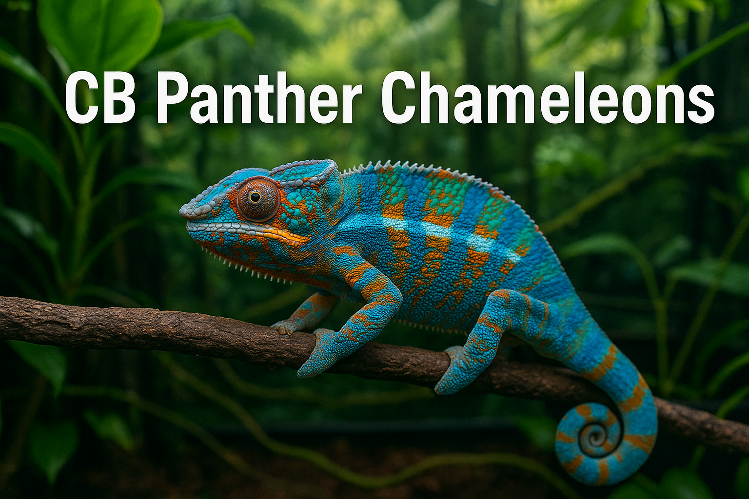 Professional landscape hero image (1536x1024) featuring vibrant captive-bred panther chameleon with brilliant blue and orange coloration per