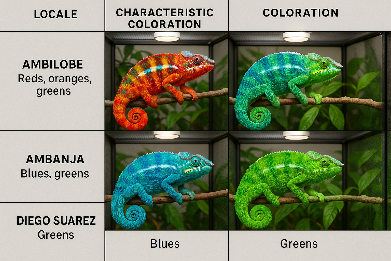 Detailed comparison chart showing different panther chameleon locales (Ambilobe, Ambanja, Nosy Be, Diego Suarez) with male specimens display