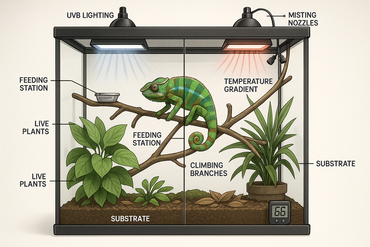 Professional terrarium habitat setup showing ideal panther chameleon enclosure with live plants, UVB lighting fixtures, misting system compo