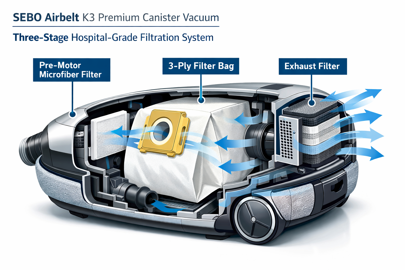 SEBO Airbelt K3 Premium Canister Vacuum Detailed landscape format (1536x1024) editorial image showing a close-up cross-section diagram of the SEBO Airbelt K3 Premium Canister Vacuum's three-stage hospital-grade filtration system, with labeled callouts highlighting the pre-motor microfiber filter, 3-ply filter bag, and exhaust filter layers. Technical illustration style with clean white background, blue and silver color accents, cutaway view revealing internal components, precision engineering aesthetic, professional product infographic quality.