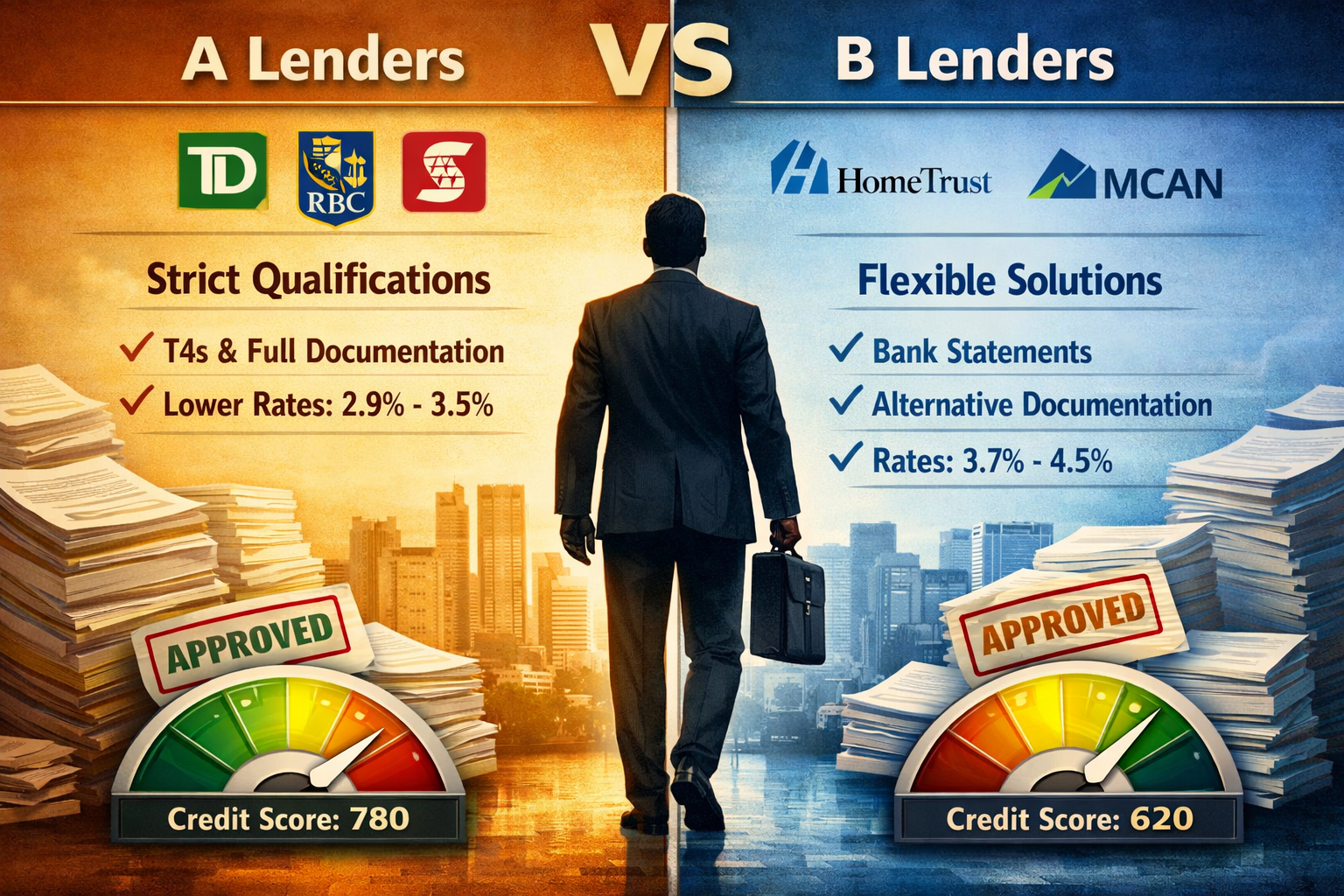 () split-screen comparison visual showing 'A Lenders vs B Lenders' with contrasting sides. Left side displays major Canadian