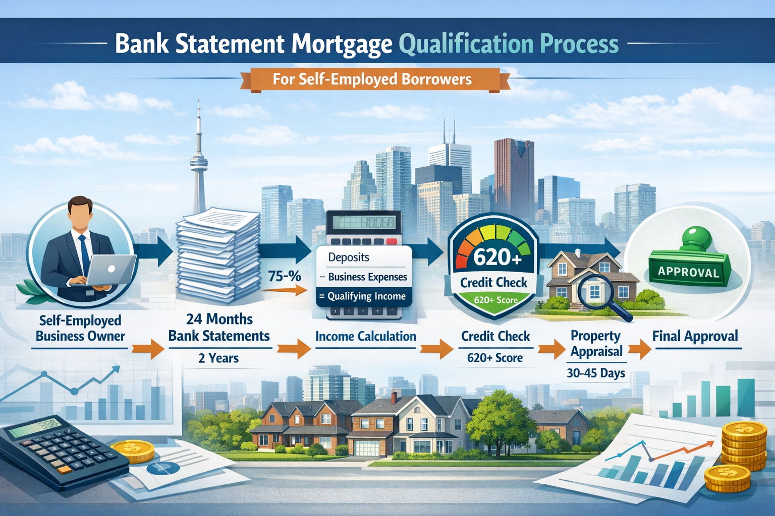() detailed workflow diagram showing bank statement mortgage qualification process for self-employed borrowers. Visual