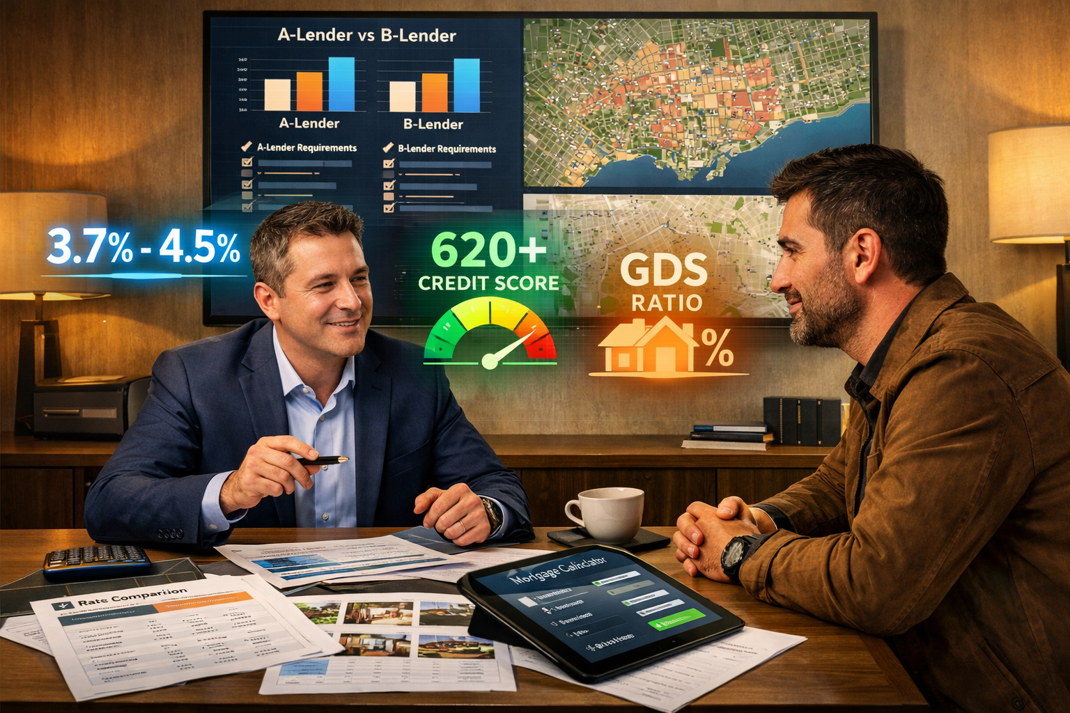 () strategic decision-making visual featuring a professional mortgage broker consulting with a self-employed client across a