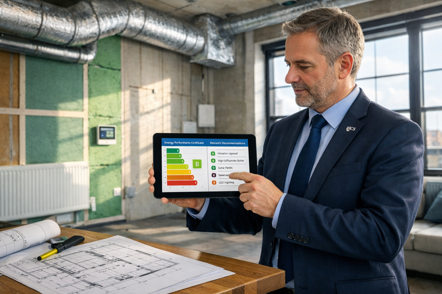 Detailed () image showing RICS chartered surveyor conducting valuation assessment in converted office-to-residential space,