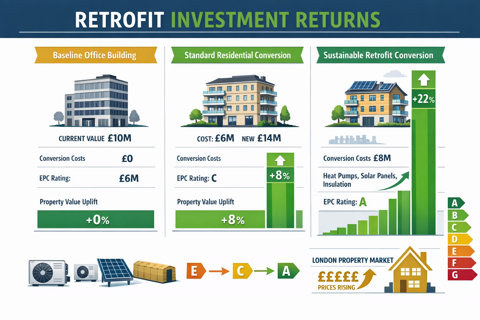 Comprehensive () infographic illustration displaying financial comparison chart of retrofit investment returns, split into