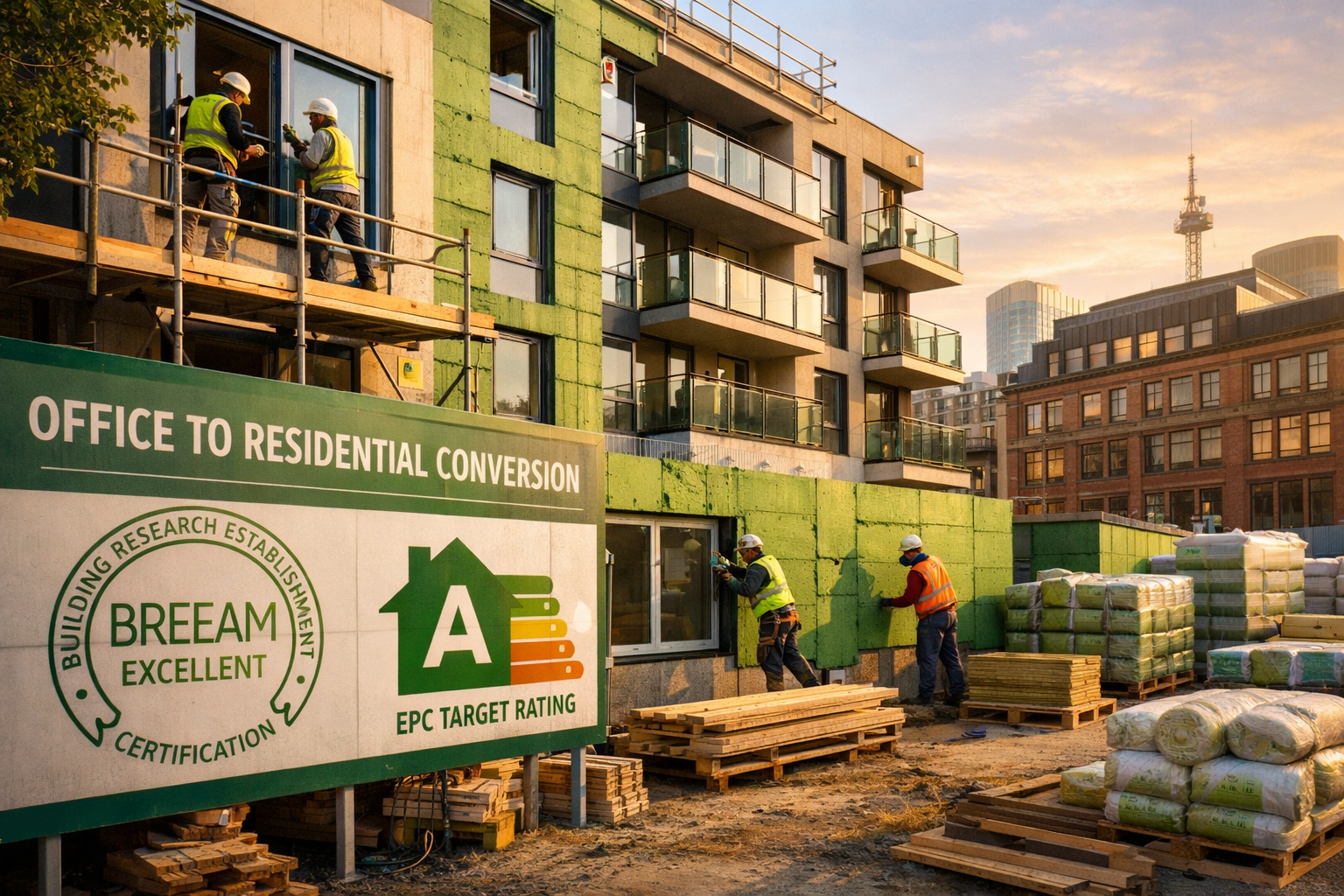 Wide () photograph of London urban regeneration project showing office-to-residential conversion in progress, construction