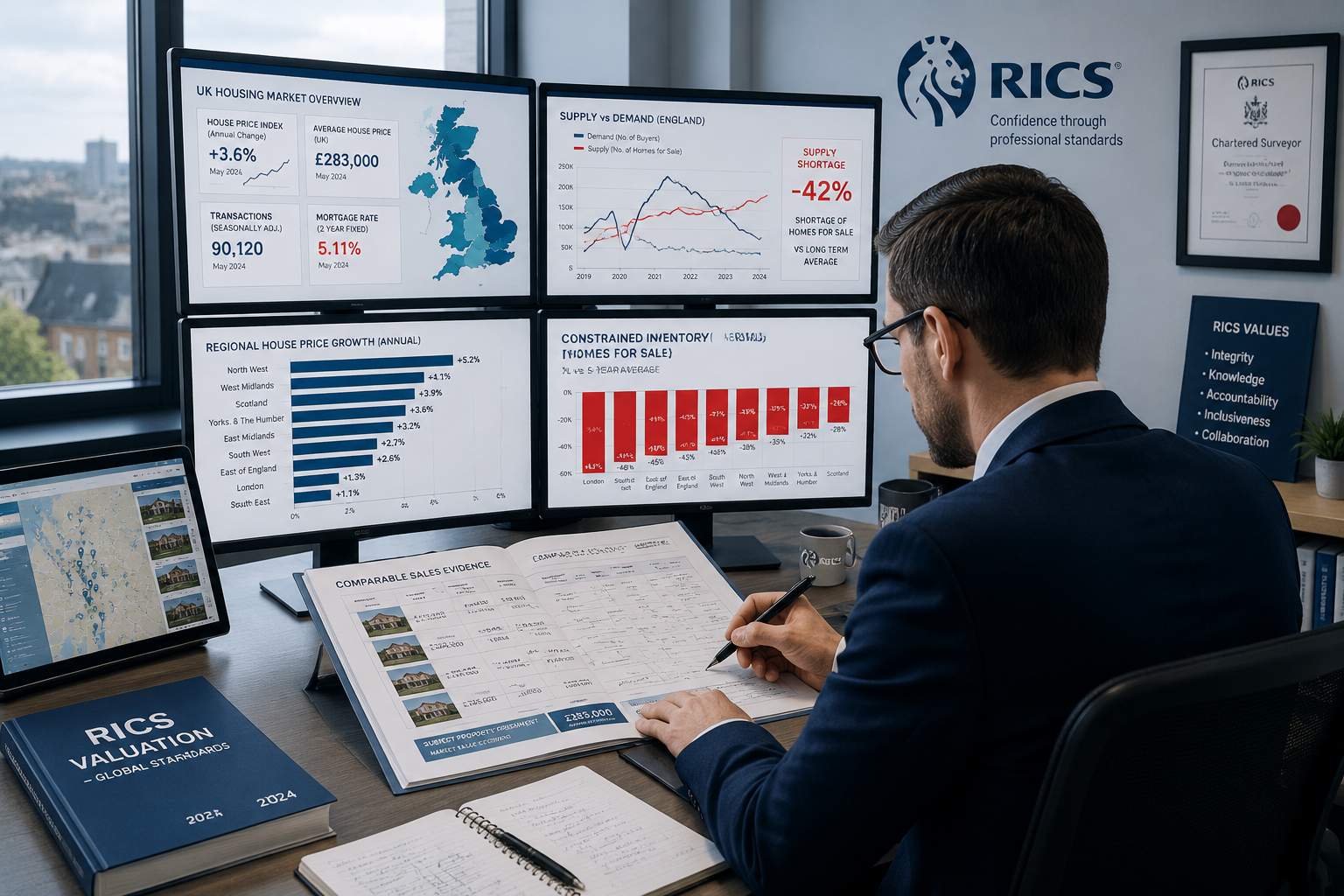 Wide-angle editorial illustration showing a RICS chartered surveyor at a desk reviewing comparable sales evidence charts and