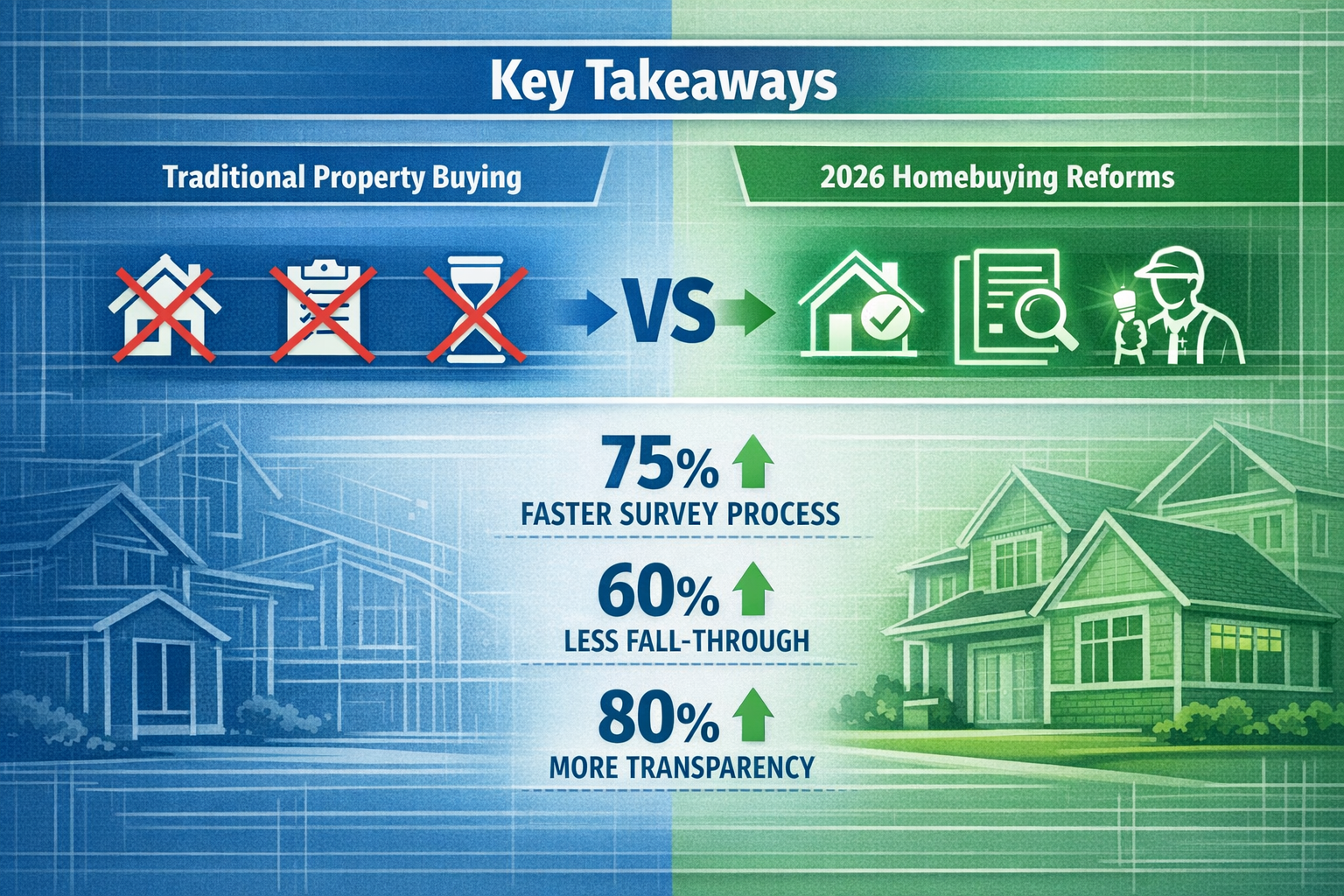 Key Takeaways section infographic featuring split-screen visual: left side shows traditional property buying process with