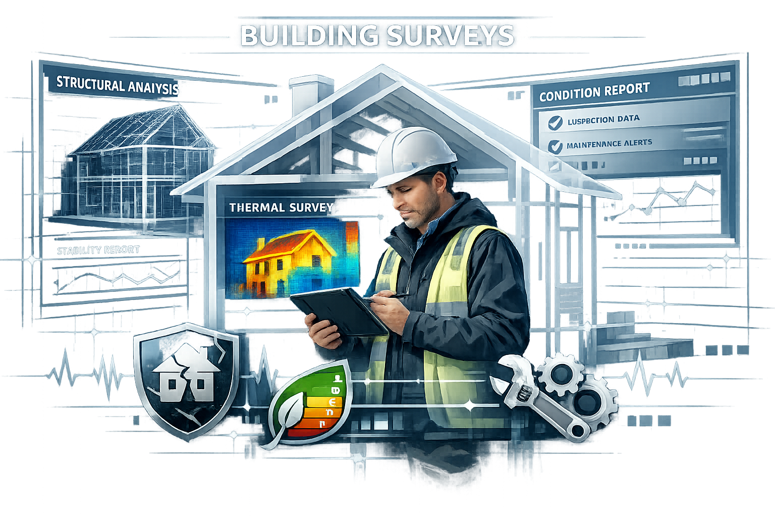 Building Surveys section visual metaphor showing professional surveyor with advanced digital tablet, standing inside