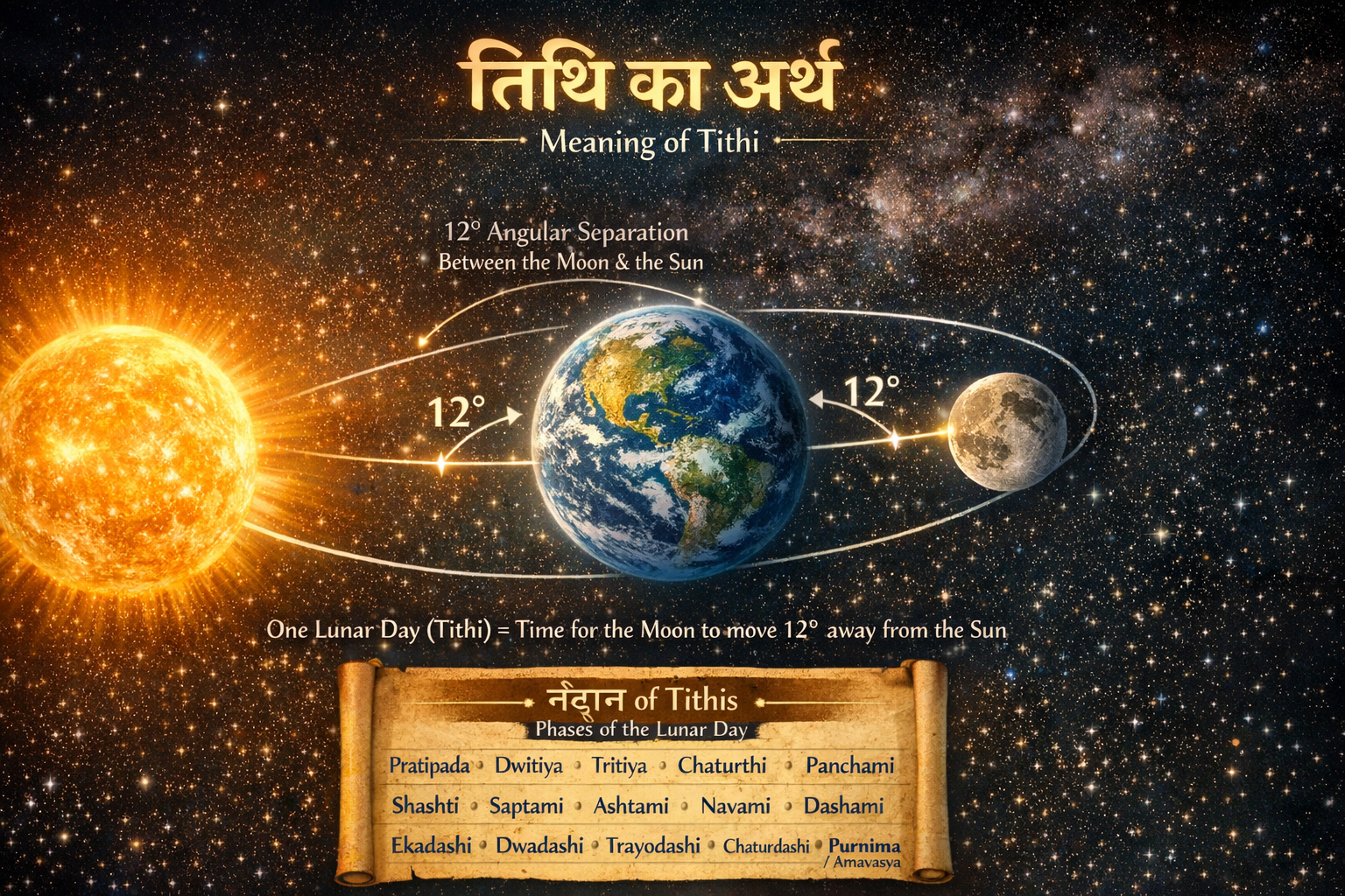 Do not write in Hindi on the images. Always write in English only. A detailed illustration showing the Earth, Moon, and Sun in orbital posit